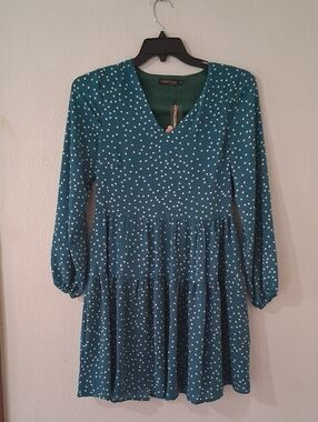 Teal White Polka Dot Long Sleeve Tiered Dress